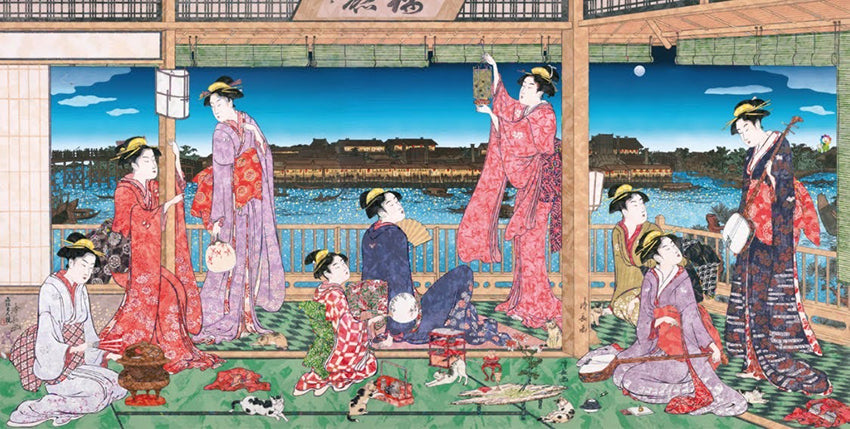 SUPERFLAT_Torii Kiyonaga’s “A Party Viewing the Moon across the Sumida River” UFO, Flower Parent and Child, and Many Cats - SUPERFLAT